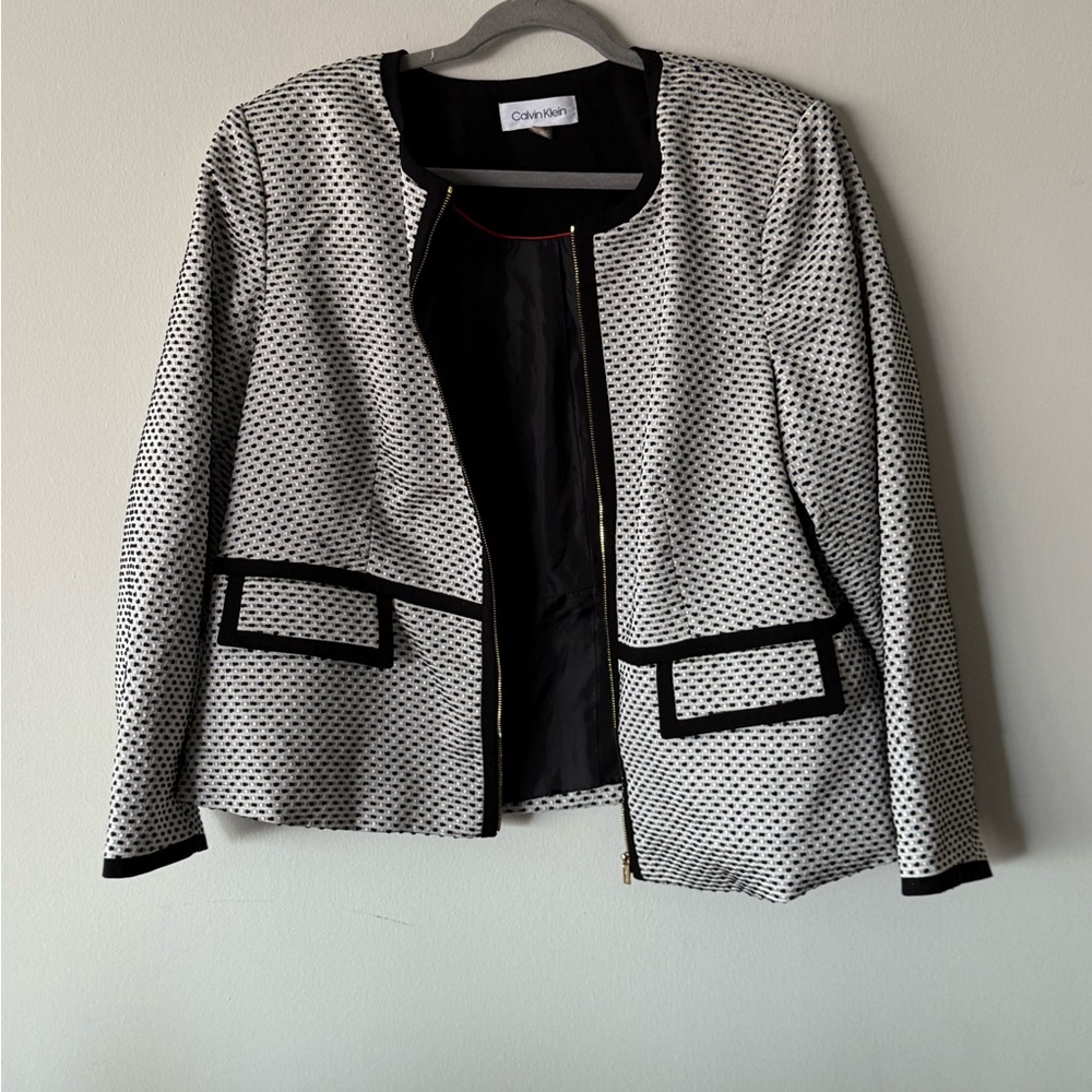 Calvin Klein Black and White Houndstooth Blazer with Notched Lapels